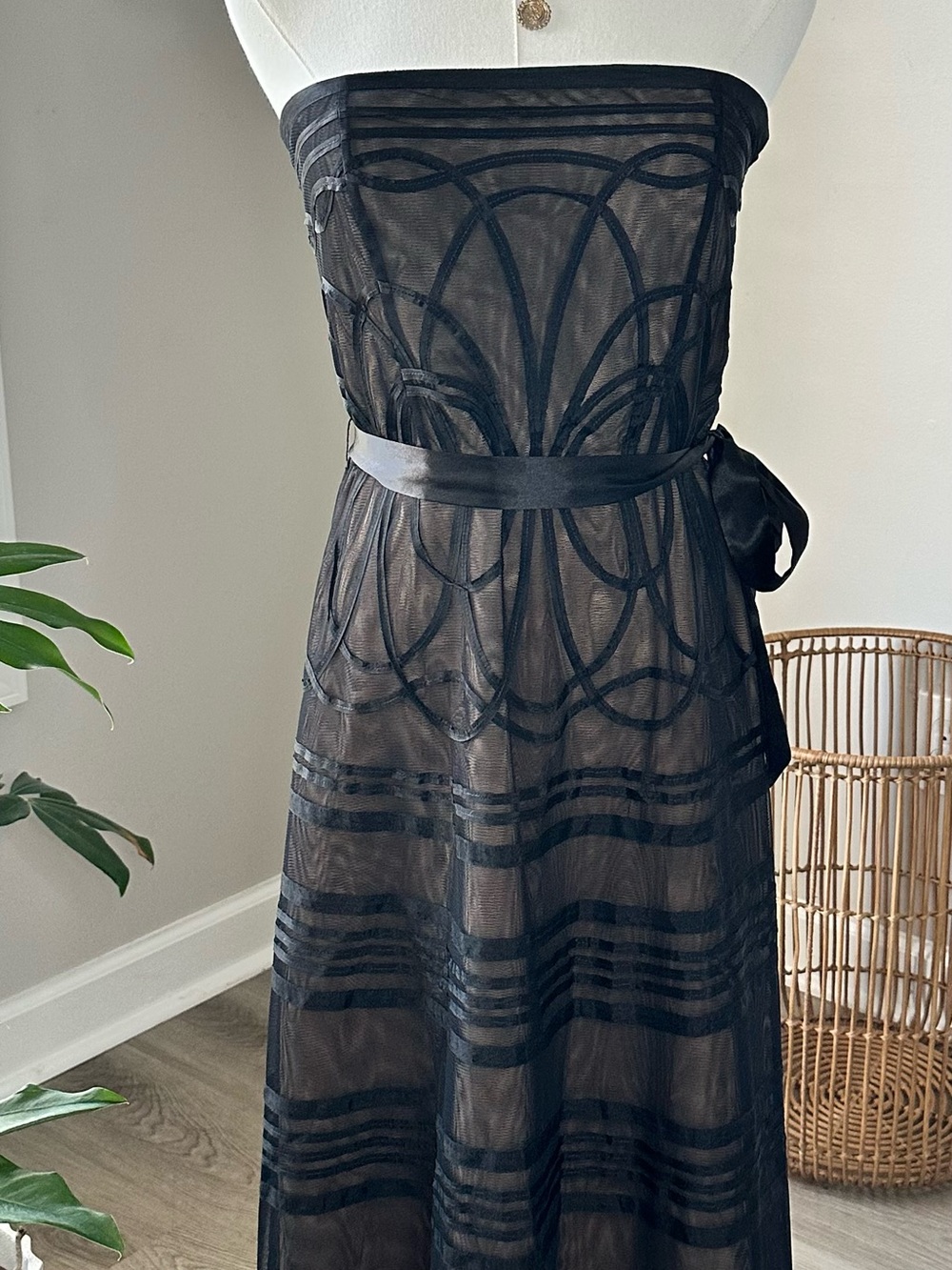 LOFT Black Strapless Sheer Overlay Dress with Satin Tie